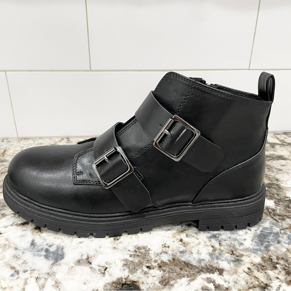 9, 9.5 SO Black with silver buckle faux leather ankle combat booties - Picture 8 of 11